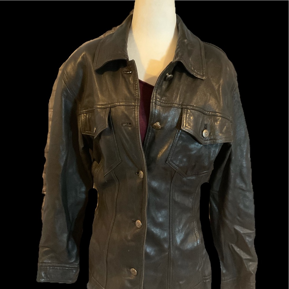 “DANIER” 100% Black Leather Fitted Button Up Jacket.